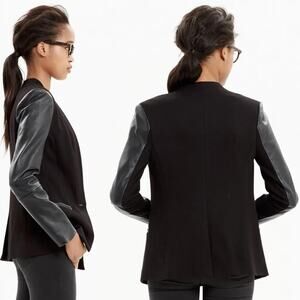 Madewell Size 8 Black Leather Trim Collarless Moto Blazer Jacket Business Casual